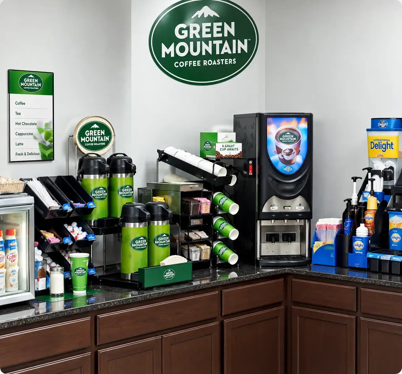 Green Mountain Coffee station with coffee tea hot chocolate cappuccino and latte options